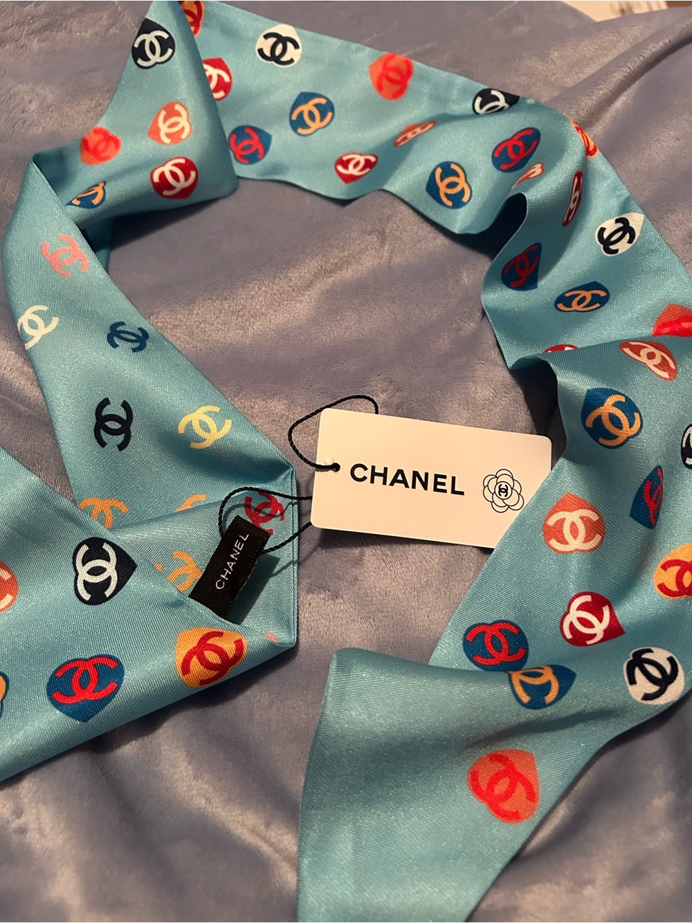 Blue Logo-Print Silk Twilly Scarf with Hearts